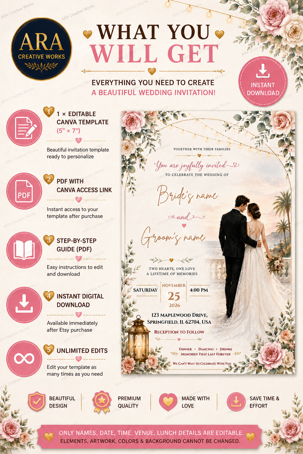 Elegant Coastal Wedding Invitation Template | Editable Canva Wedding Invite | Instant Download