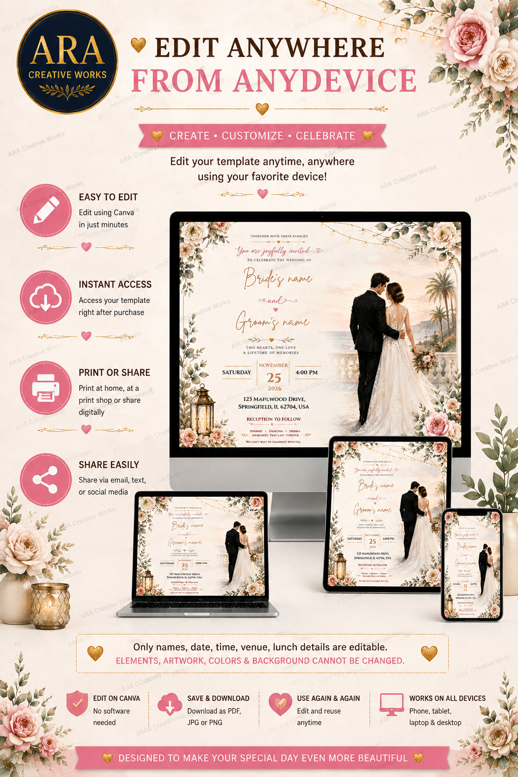Elegant Coastal Wedding Invitation Template | Editable Canva Wedding Invite | Instant Download