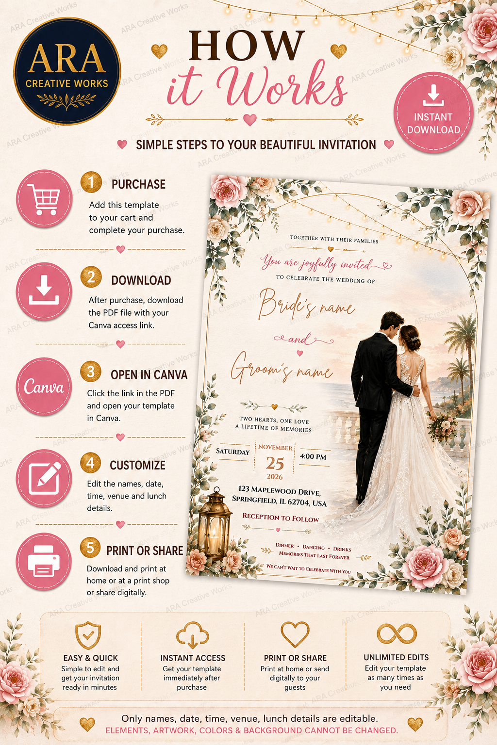 Elegant Coastal Wedding Invitation Template | Editable Canva Wedding Invite | Instant Download