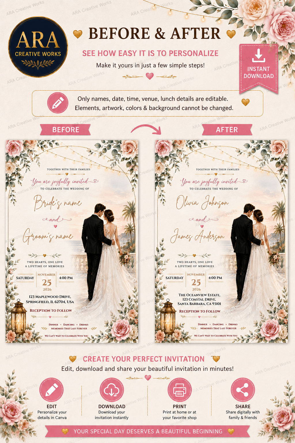 Elegant Coastal Wedding Invitation Template | Editable Canva Wedding Invite | Instant Download