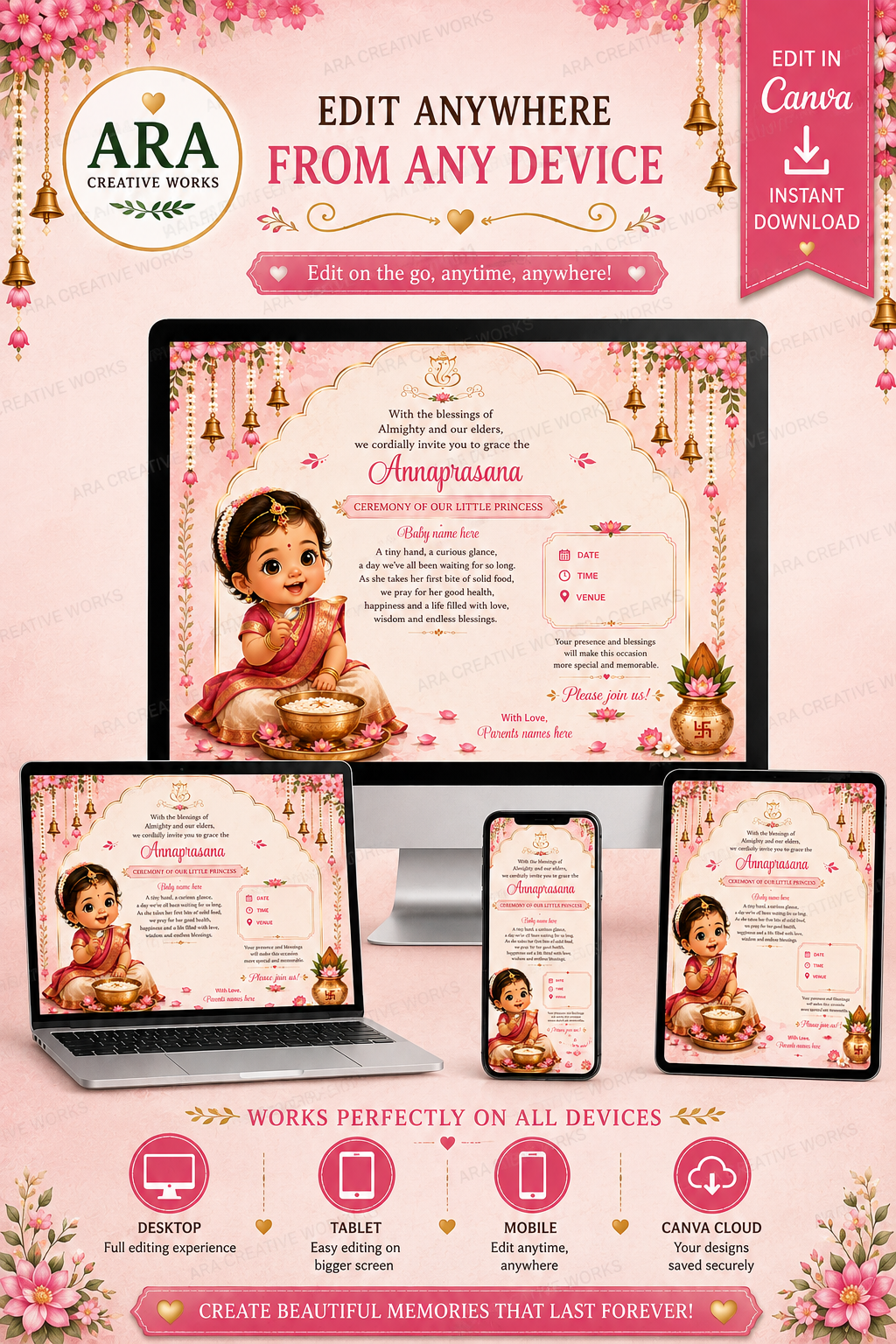 Elegant Floral Annaprasana Ceremony Invitation | Editable Canva Template | Instant Download