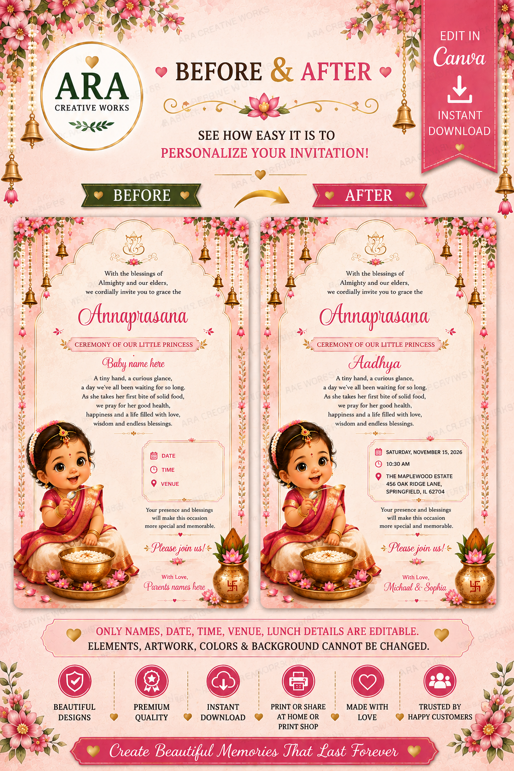 Elegant Floral Annaprasana Ceremony Invitation | Editable Canva Template | Instant Download
