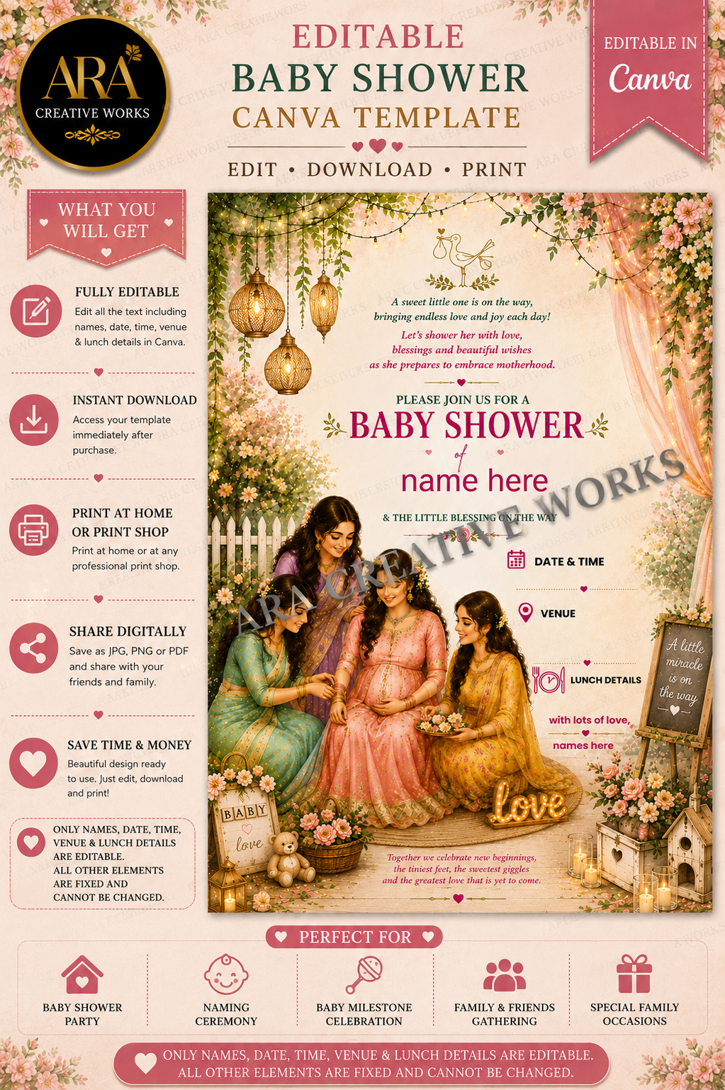 Elegant Pink Floral Baby Shower Invitation | Editable Canva Template | Seemantham Invite | Valaikappu | Digital Download
