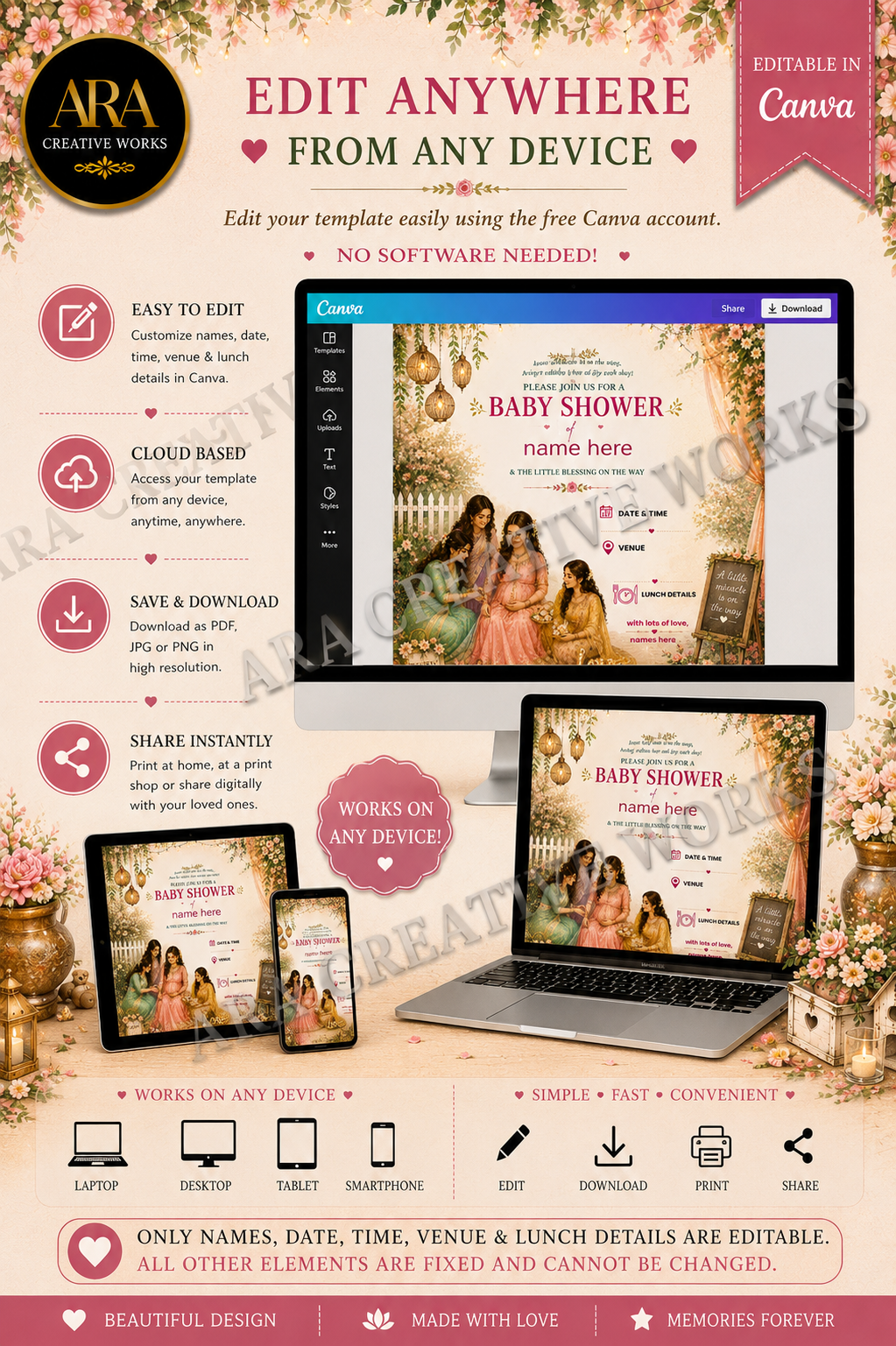 Elegant Pink Floral Baby Shower Invitation | Editable Canva Template | Seemantham Invite | Valaikappu | Digital Download