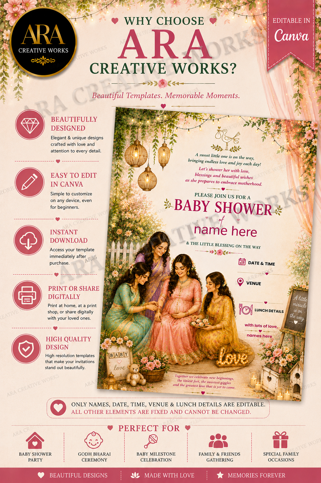 Elegant Pink Floral Baby Shower Invitation | Editable Canva Template | Seemantham Invite | Valaikappu | Digital Download