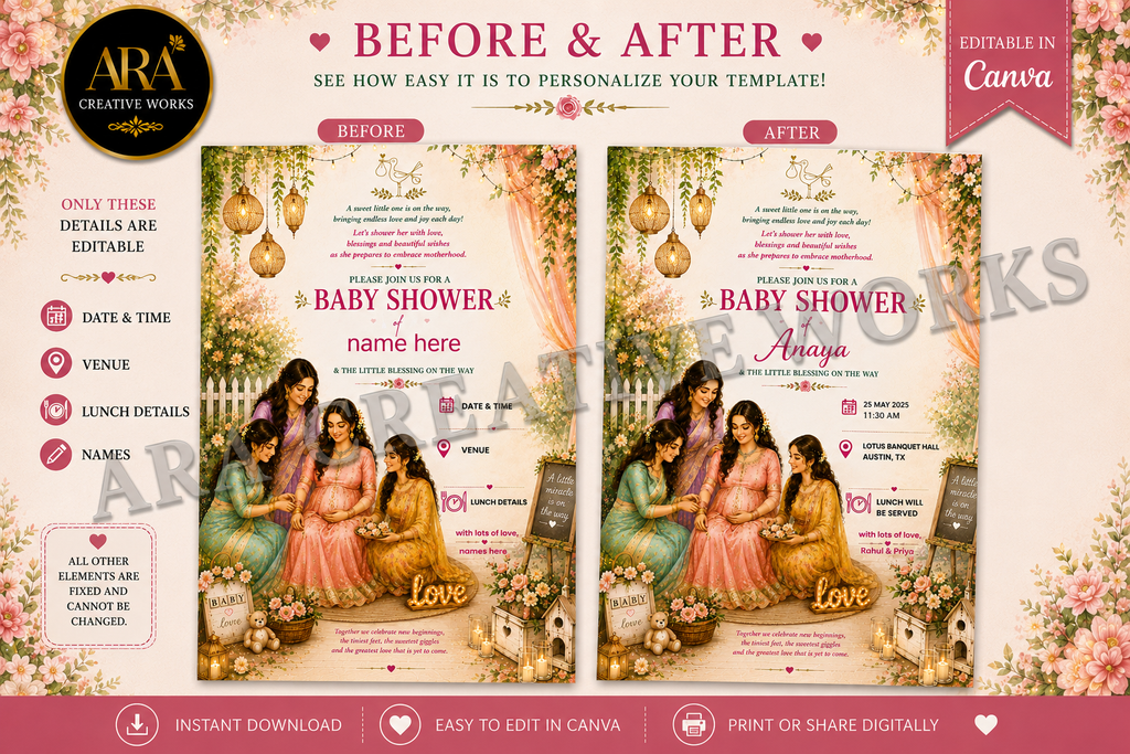 Elegant Pink Floral Baby Shower Invitation | Editable Canva Template | Seemantham Invite | Valaikappu | Digital Download