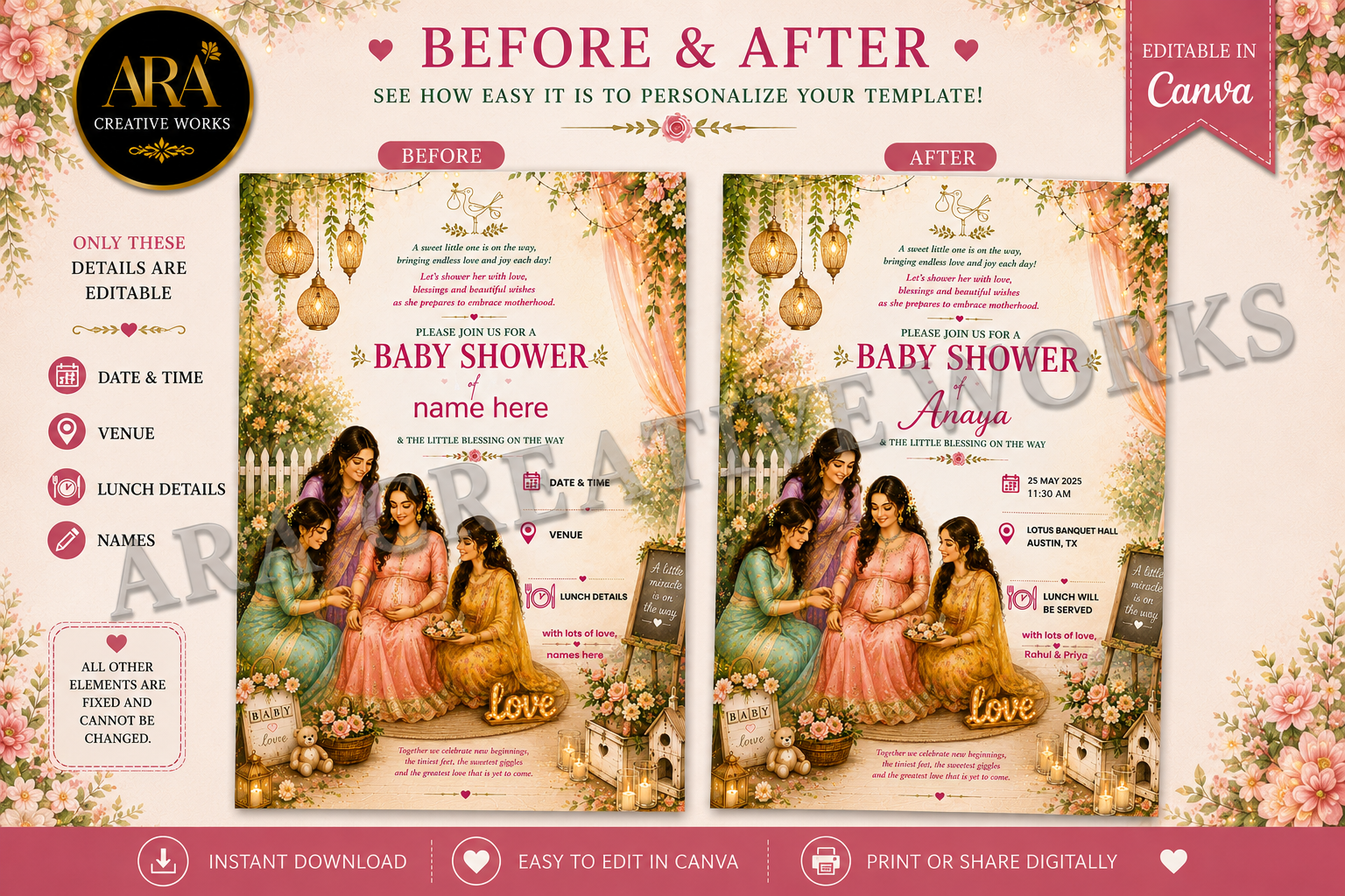 Elegant Pink Floral Baby Shower Invitation | Editable Canva Template | Seemantham Invite | Valaikappu | Digital Download