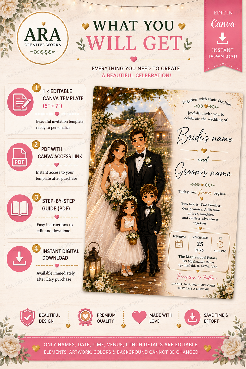 Elegant Rustic Family Wedding Invitation Template | Editable Canva Wedding Invite | Instant Download