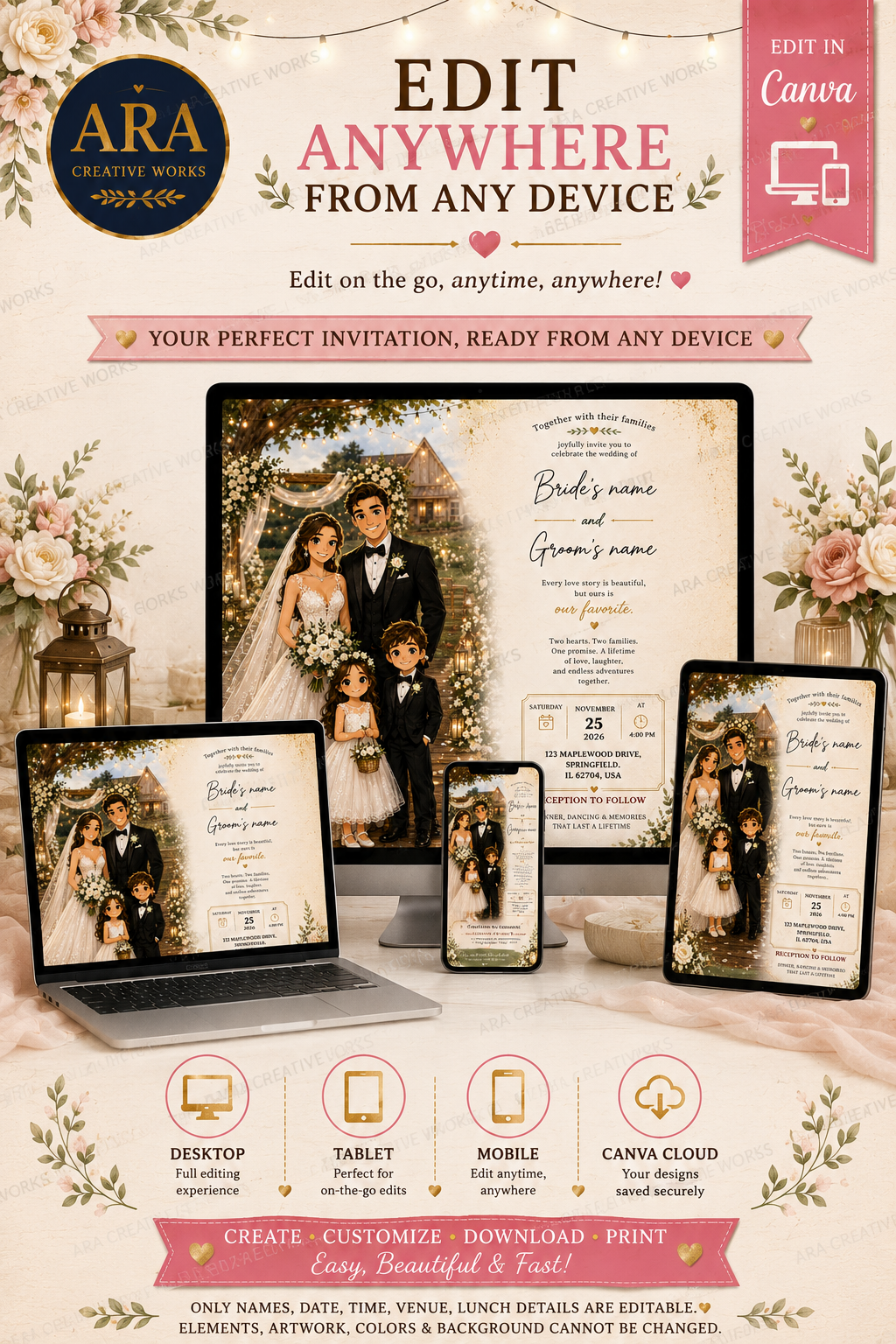 Elegant Rustic Family Wedding Invitation Template | Editable Canva Wedding Invite | Instant Download