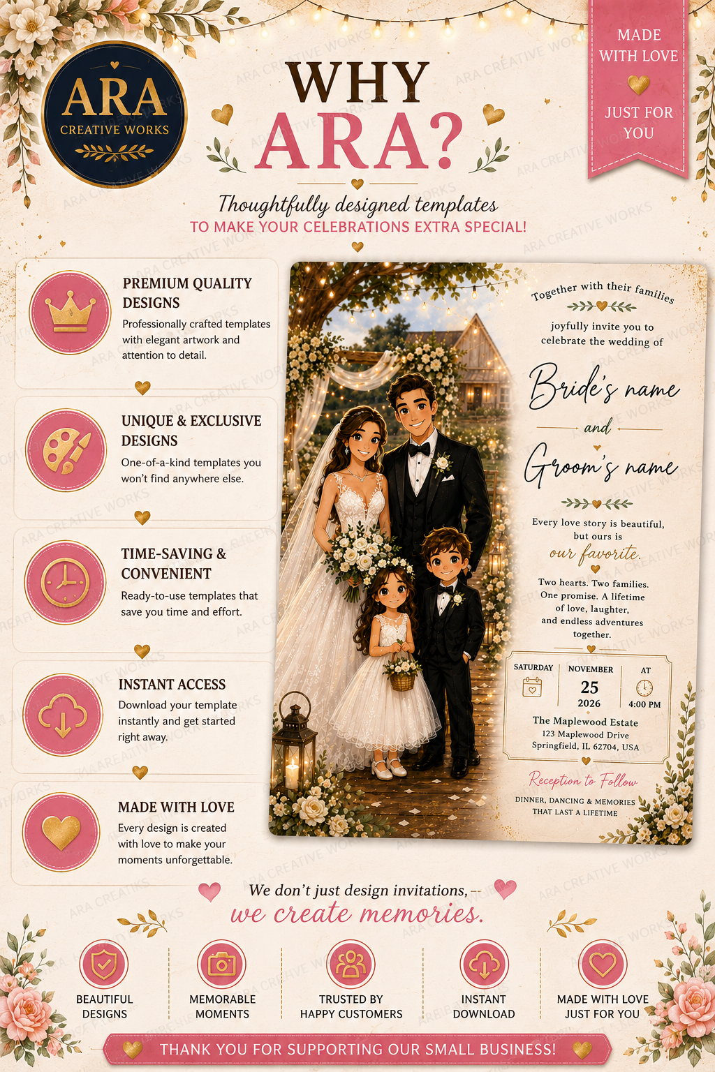 Elegant Rustic Family Wedding Invitation Template | Editable Canva Wedding Invite | Instant Download