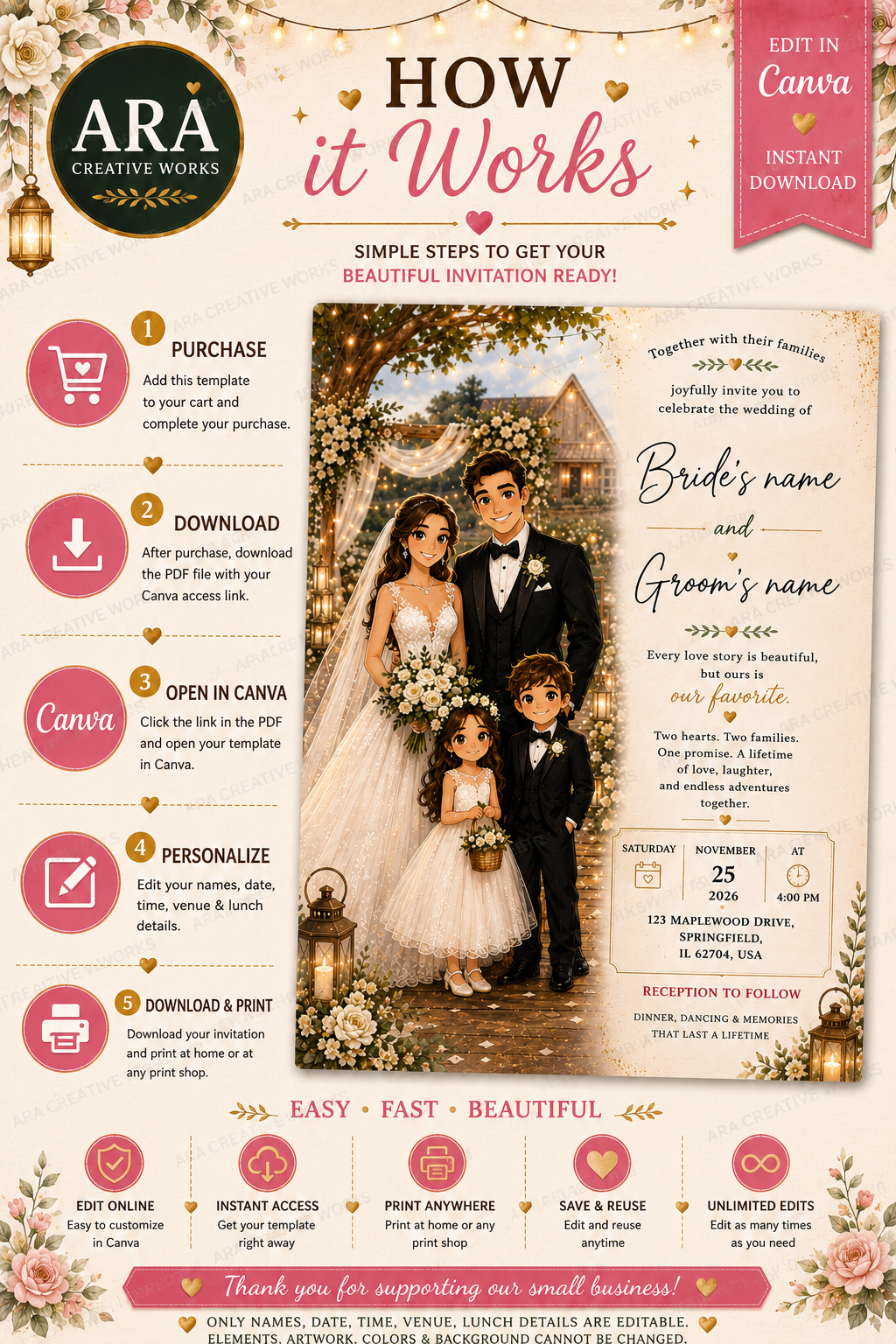 Elegant Rustic Family Wedding Invitation Template | Editable Canva Wedding Invite | Instant Download