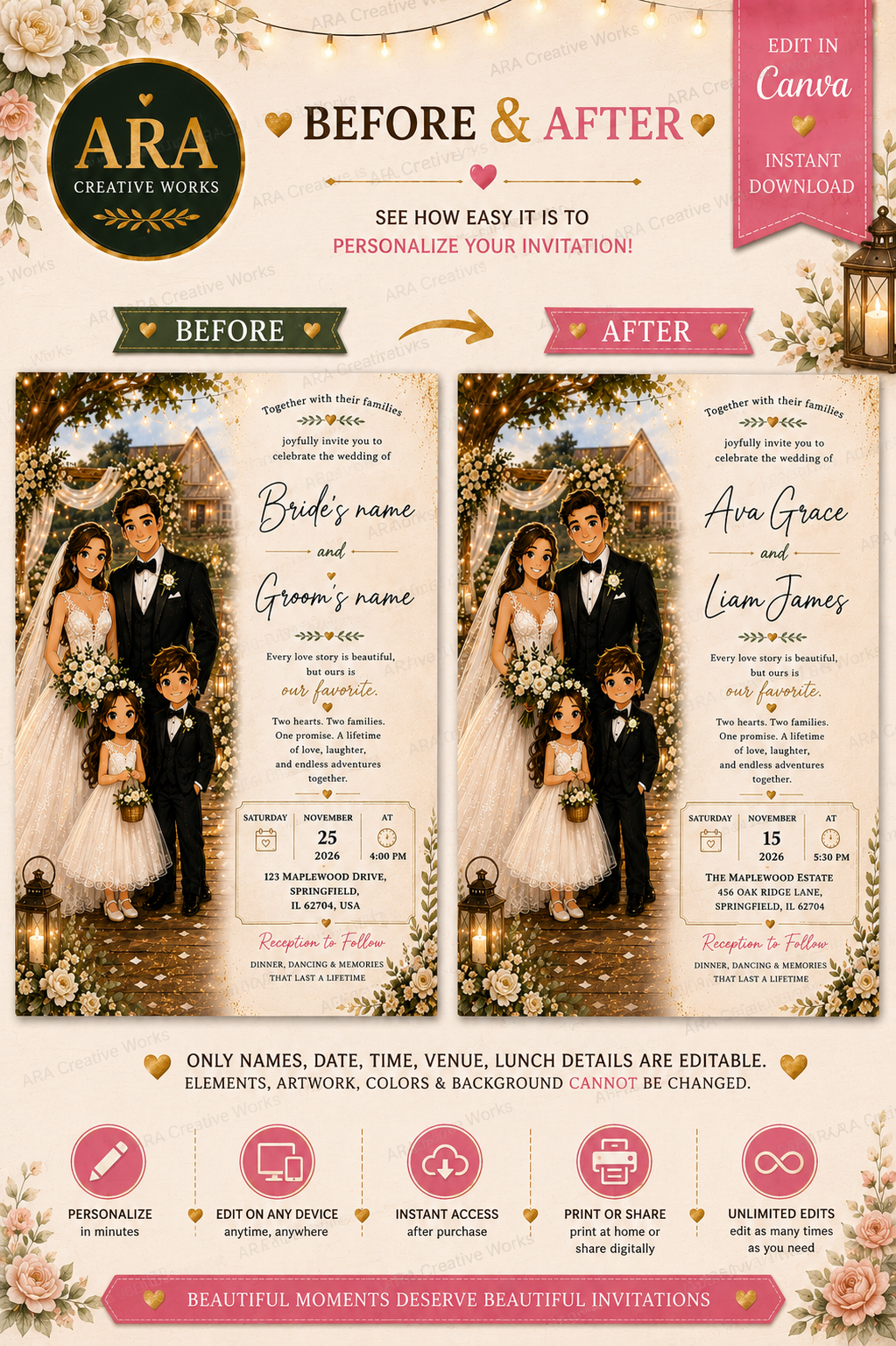 Elegant Rustic Family Wedding Invitation Template | Editable Canva Wedding Invite | Instant Download