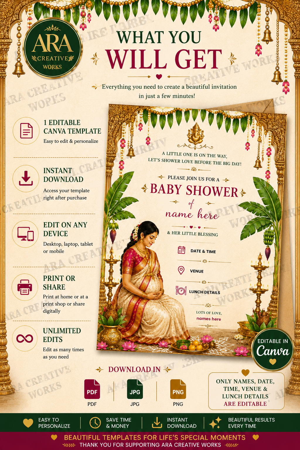 Elegant Seemantham Invitation | Editable Canva Template | South Indian Baby Shower Invite | Digital Download