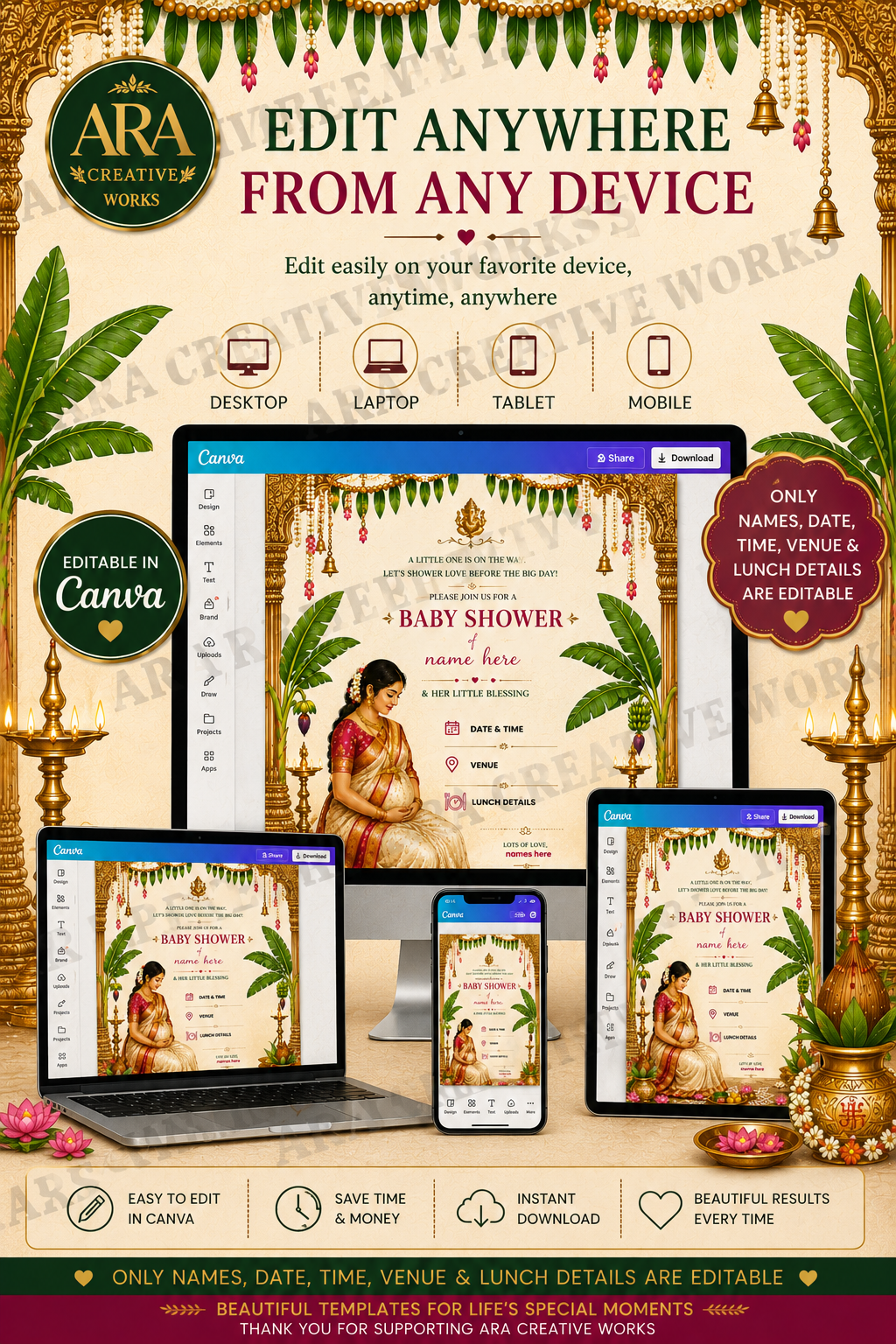 Elegant Seemantham Invitation | Editable Canva Template | South Indian Baby Shower Invite | Digital Download