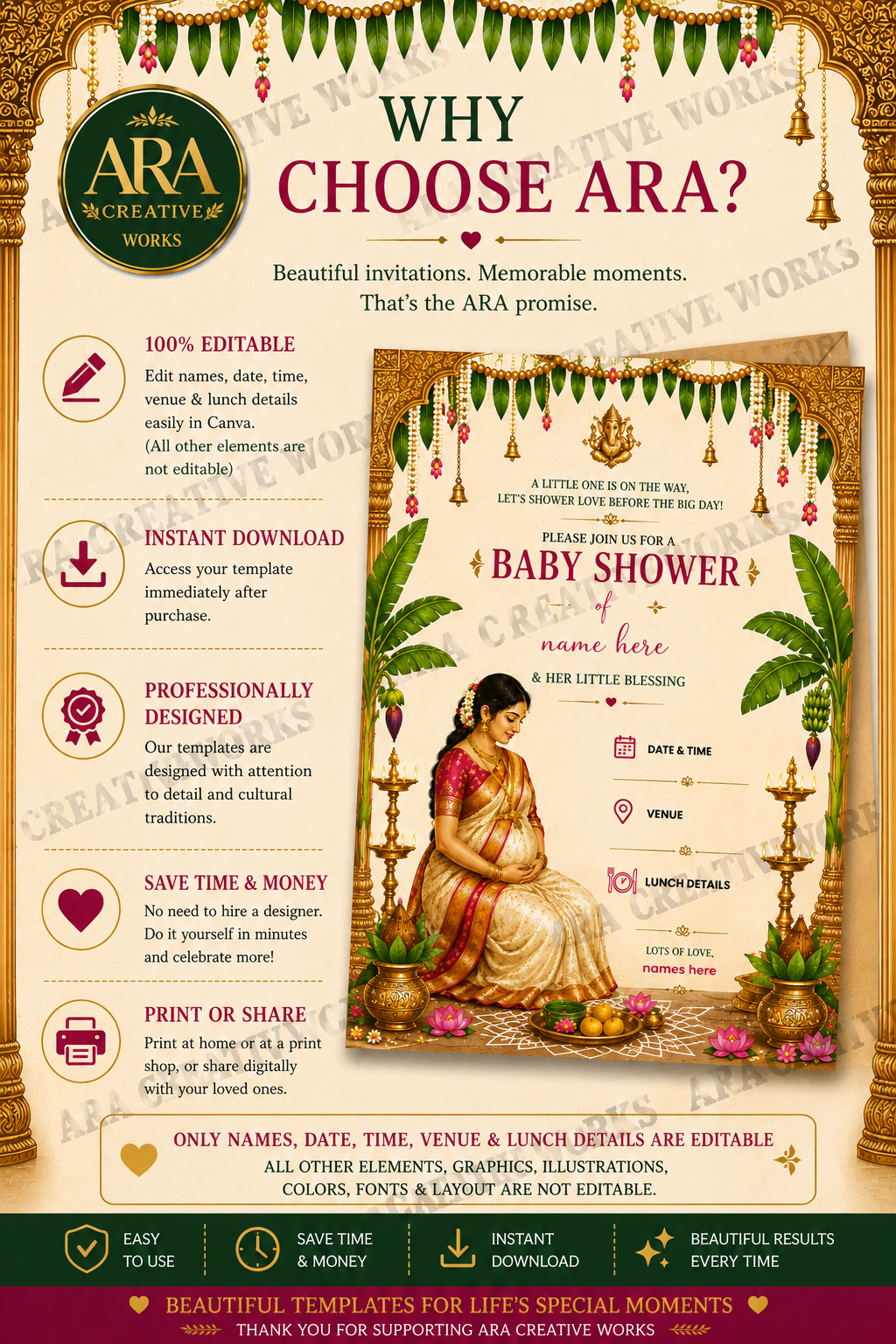Elegant Seemantham Invitation | Editable Canva Template | South Indian Baby Shower Invite | Digital Download