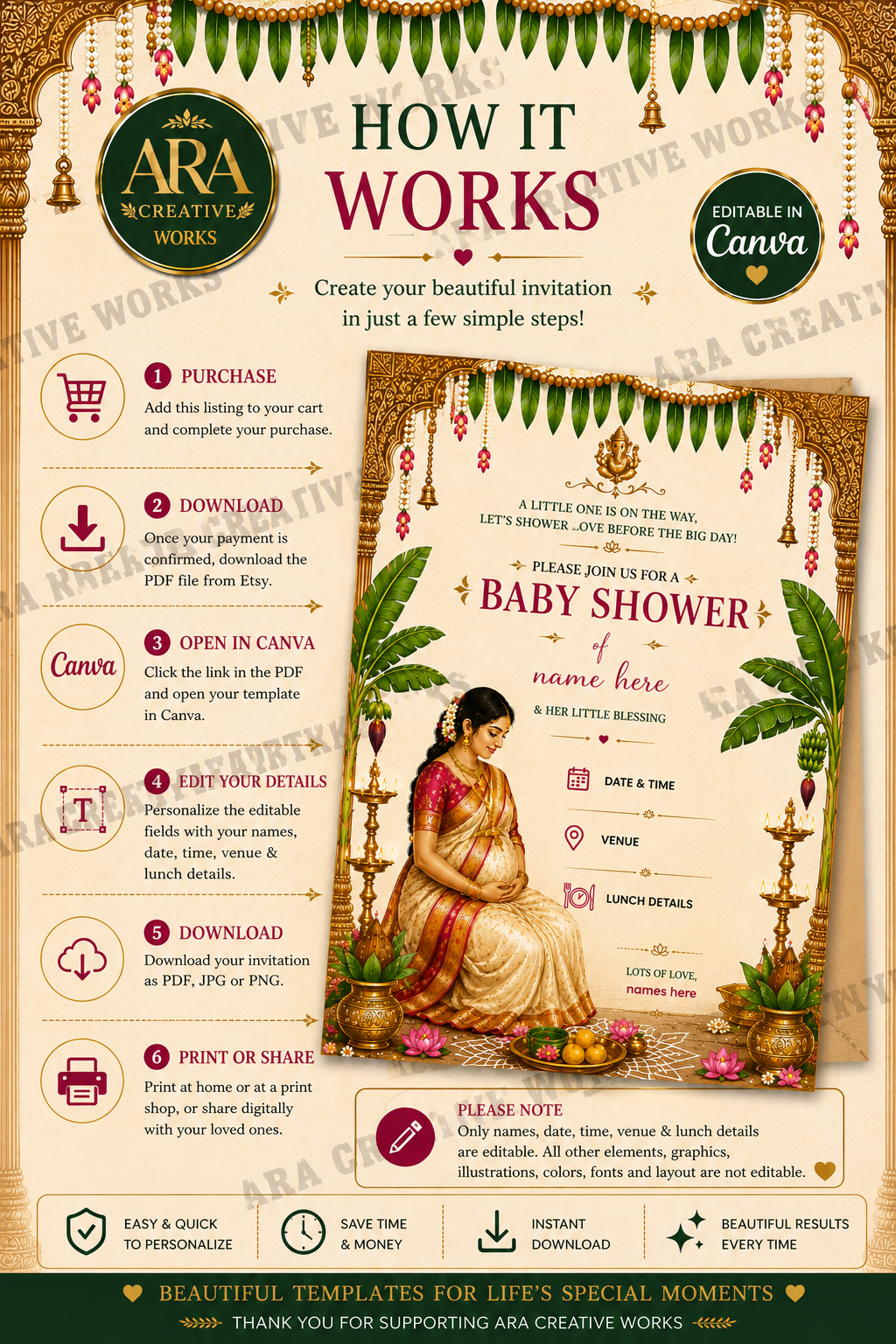 Elegant Seemantham Invitation | Editable Canva Template | South Indian Baby Shower Invite | Digital Download