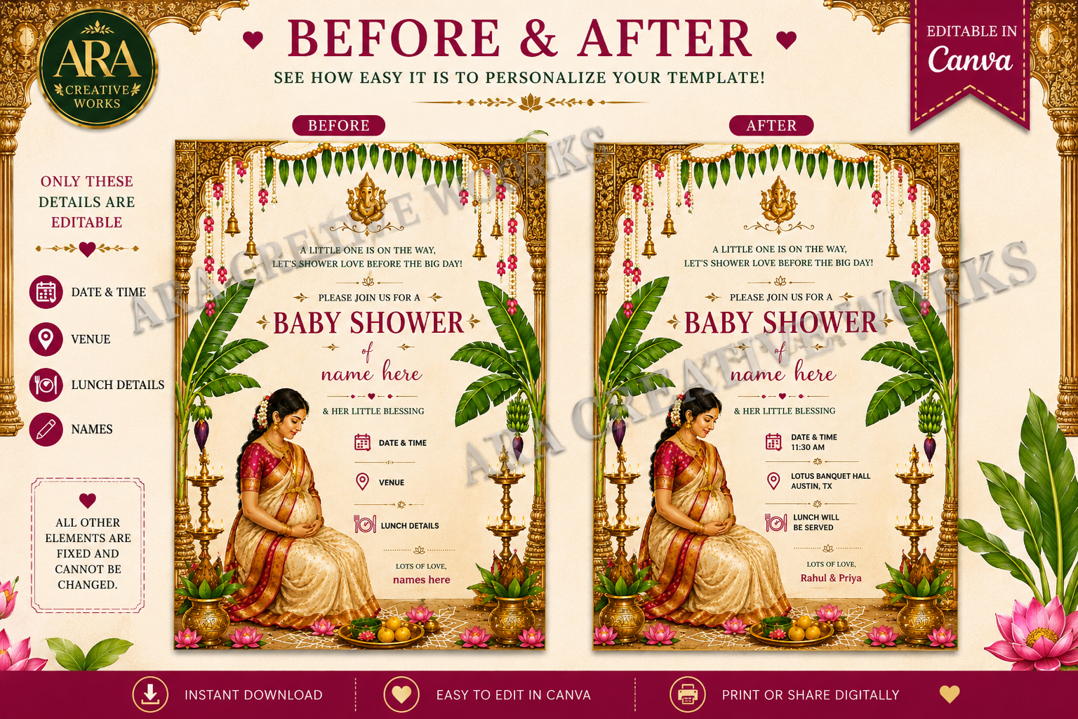 Elegant Seemantham Invitation | Editable Canva Template | South Indian Baby Shower Invite | Digital Download