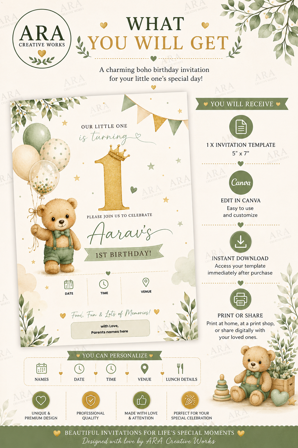 Elegant Teddy Bear Birthday Invitation Template | Editable Canva 1st Birthday Invite | Instant Digital Download