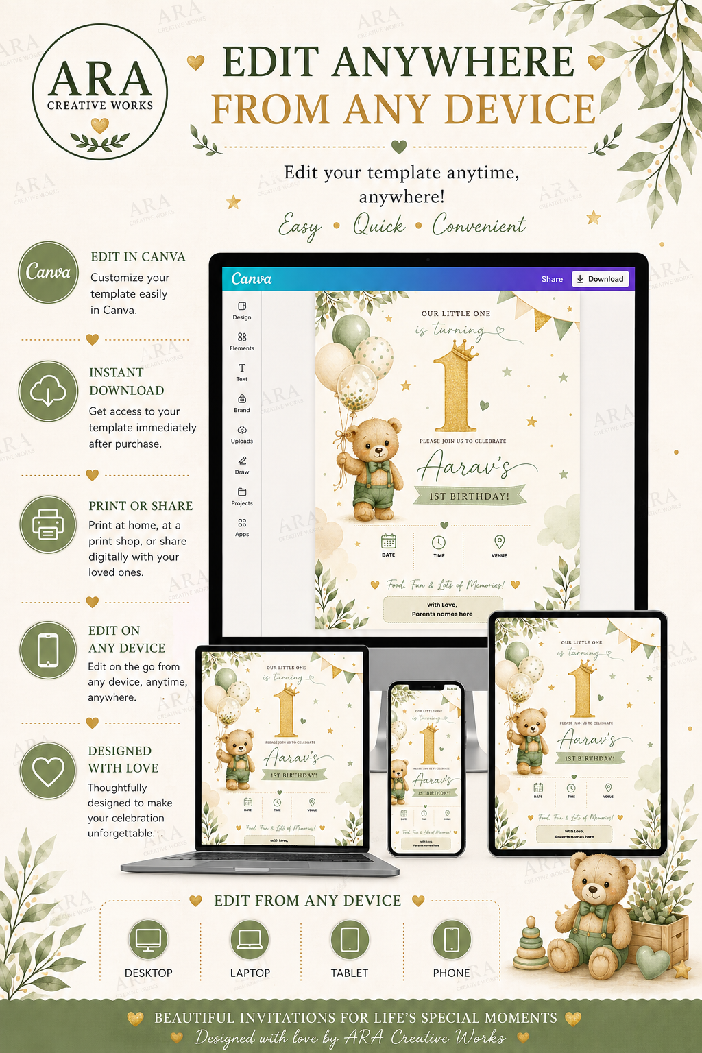 Elegant Teddy Bear Birthday Invitation Template | Editable Canva 1st Birthday Invite | Instant Digital Download