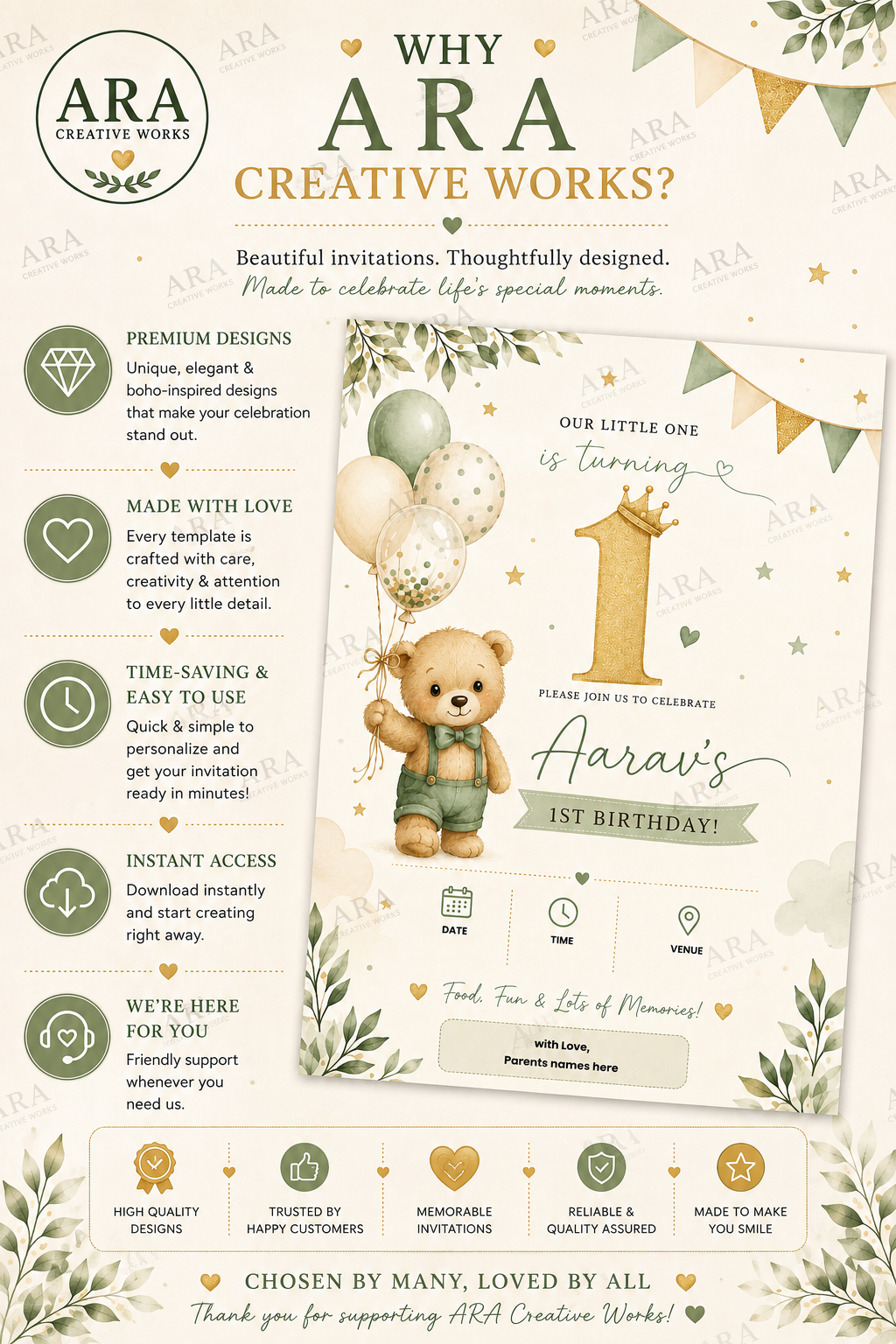 Elegant Teddy Bear Birthday Invitation Template | Editable Canva 1st Birthday Invite | Instant Digital Download