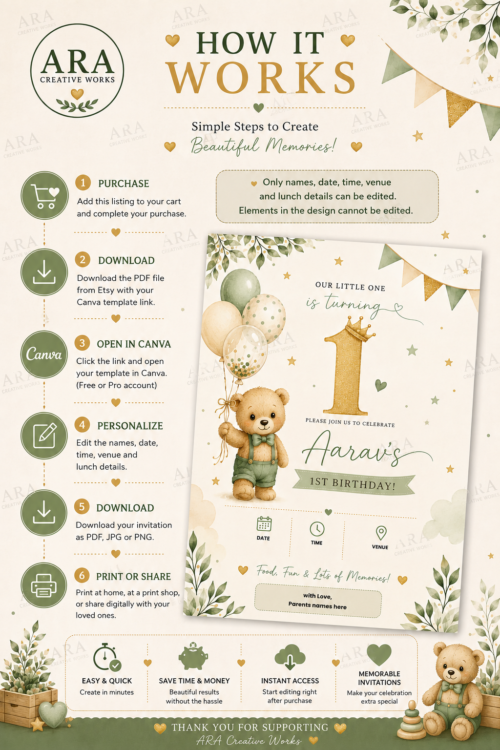 Elegant Teddy Bear Birthday Invitation Template | Editable Canva 1st Birthday Invite | Instant Digital Download