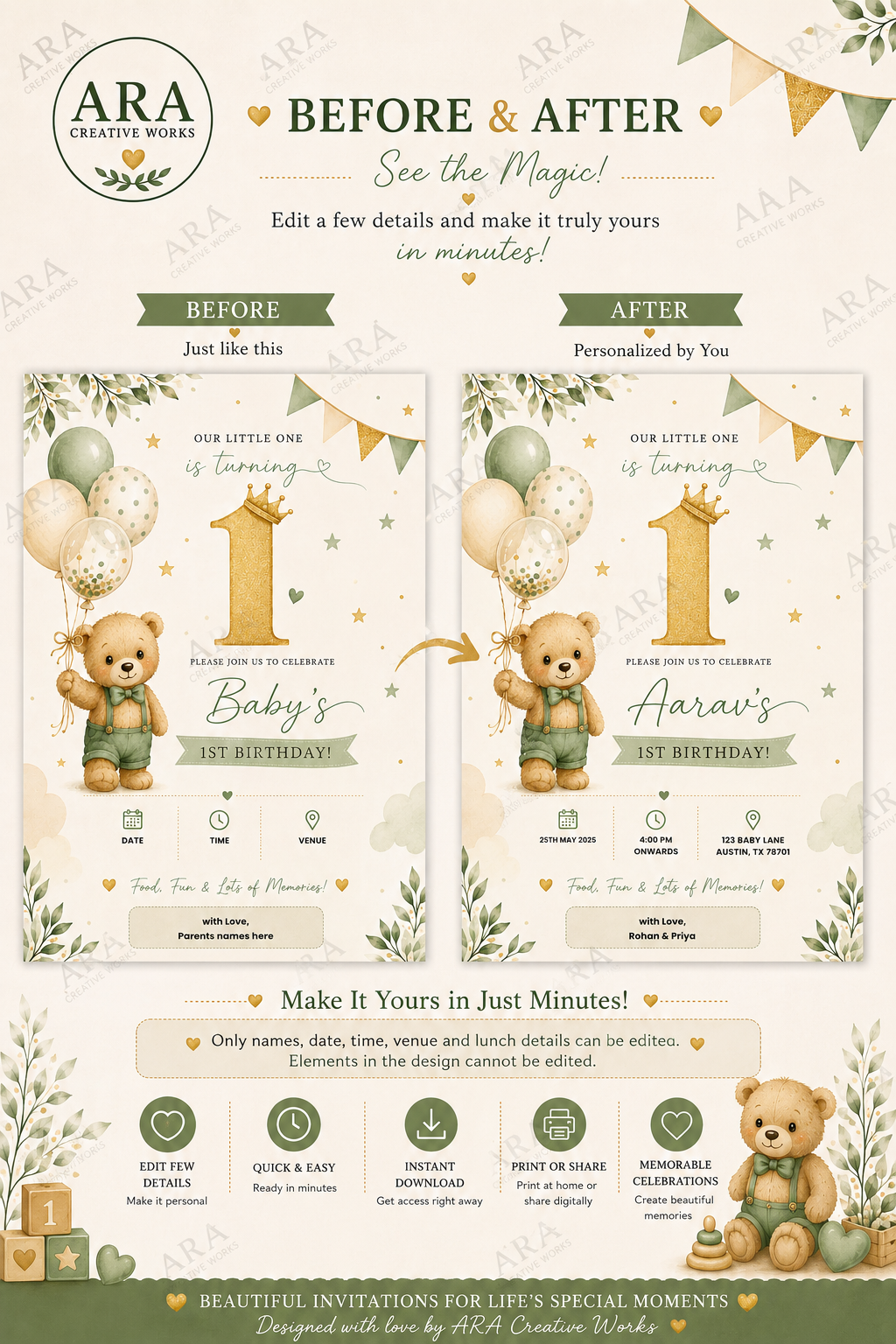 Elegant Teddy Bear Birthday Invitation Template | Editable Canva 1st Birthday Invite | Instant Digital Download