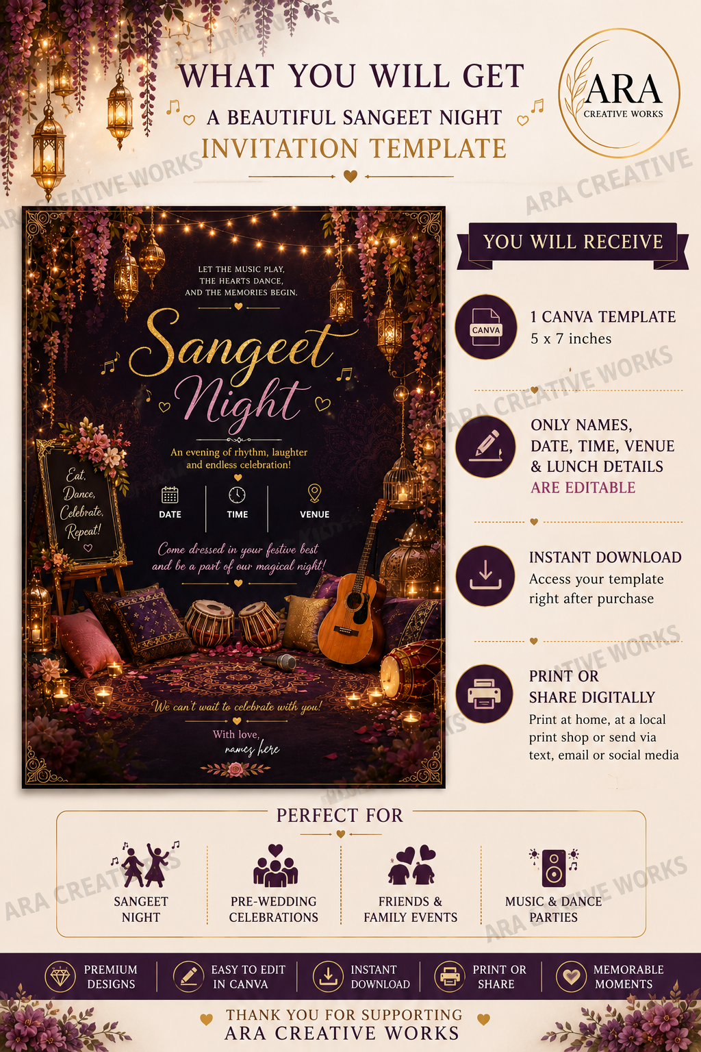 Enchanted Sangeet Night Invitation Template | Editable Canva Invitation | Instant Download