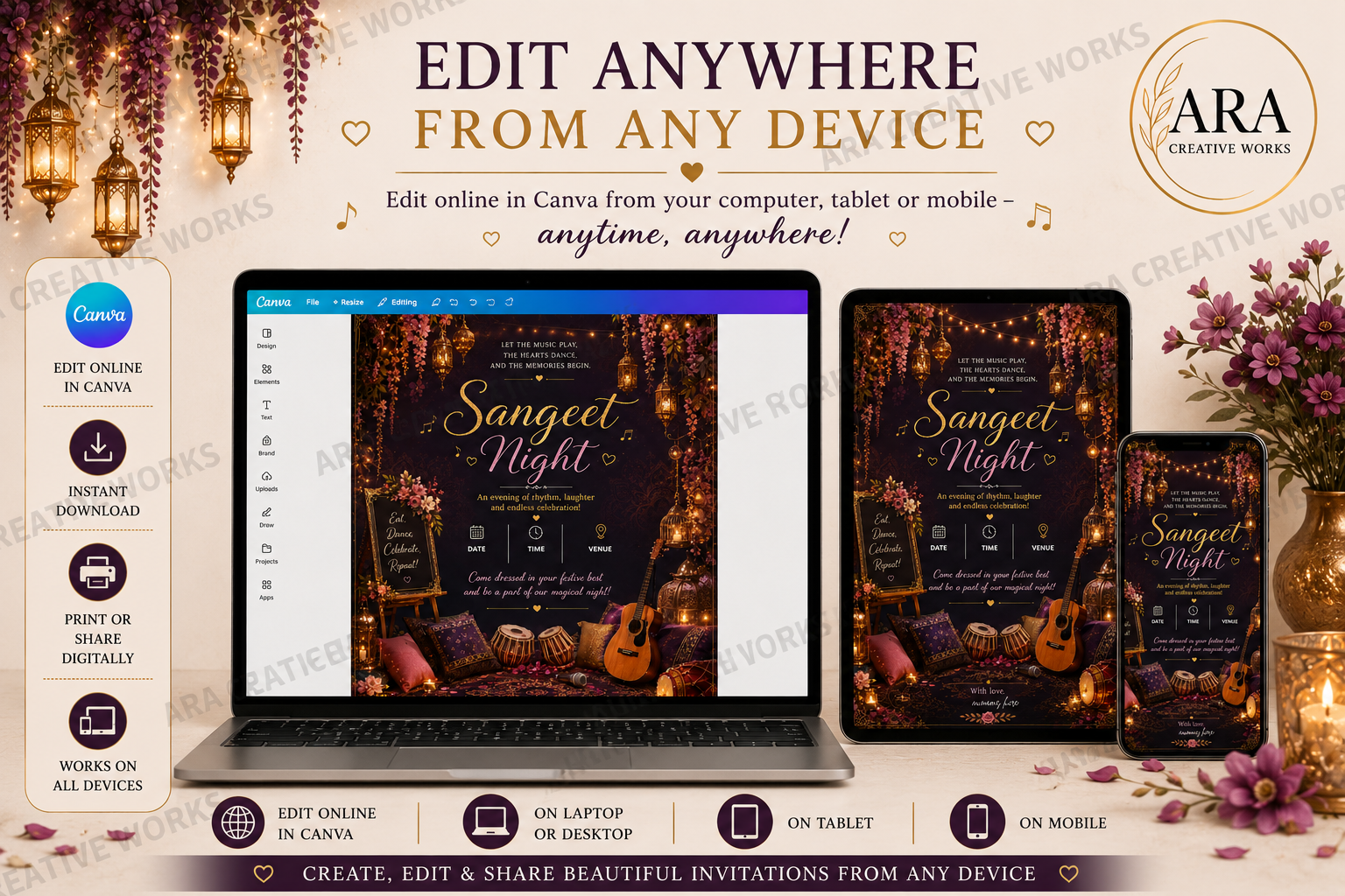 Enchanted Sangeet Night Invitation Template | Editable Canva Invitation | Instant Download