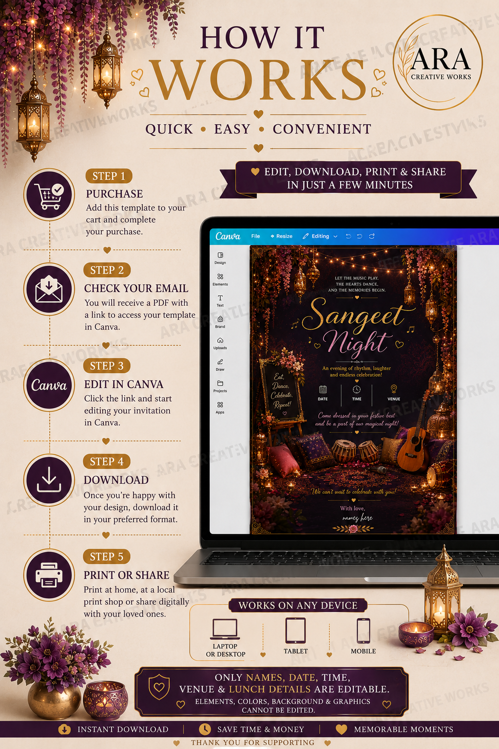 Enchanted Sangeet Night Invitation Template | Editable Canva Invitation | Instant Download