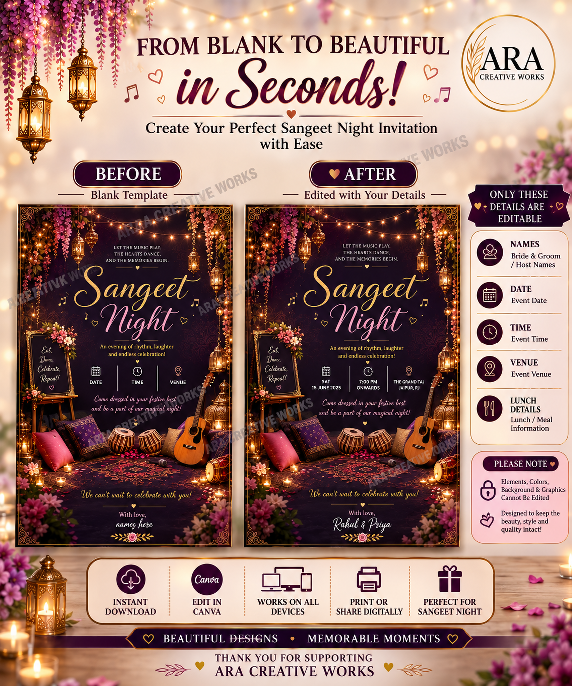 Enchanted Sangeet Night Invitation Template | Editable Canva Invitation | Instant Download