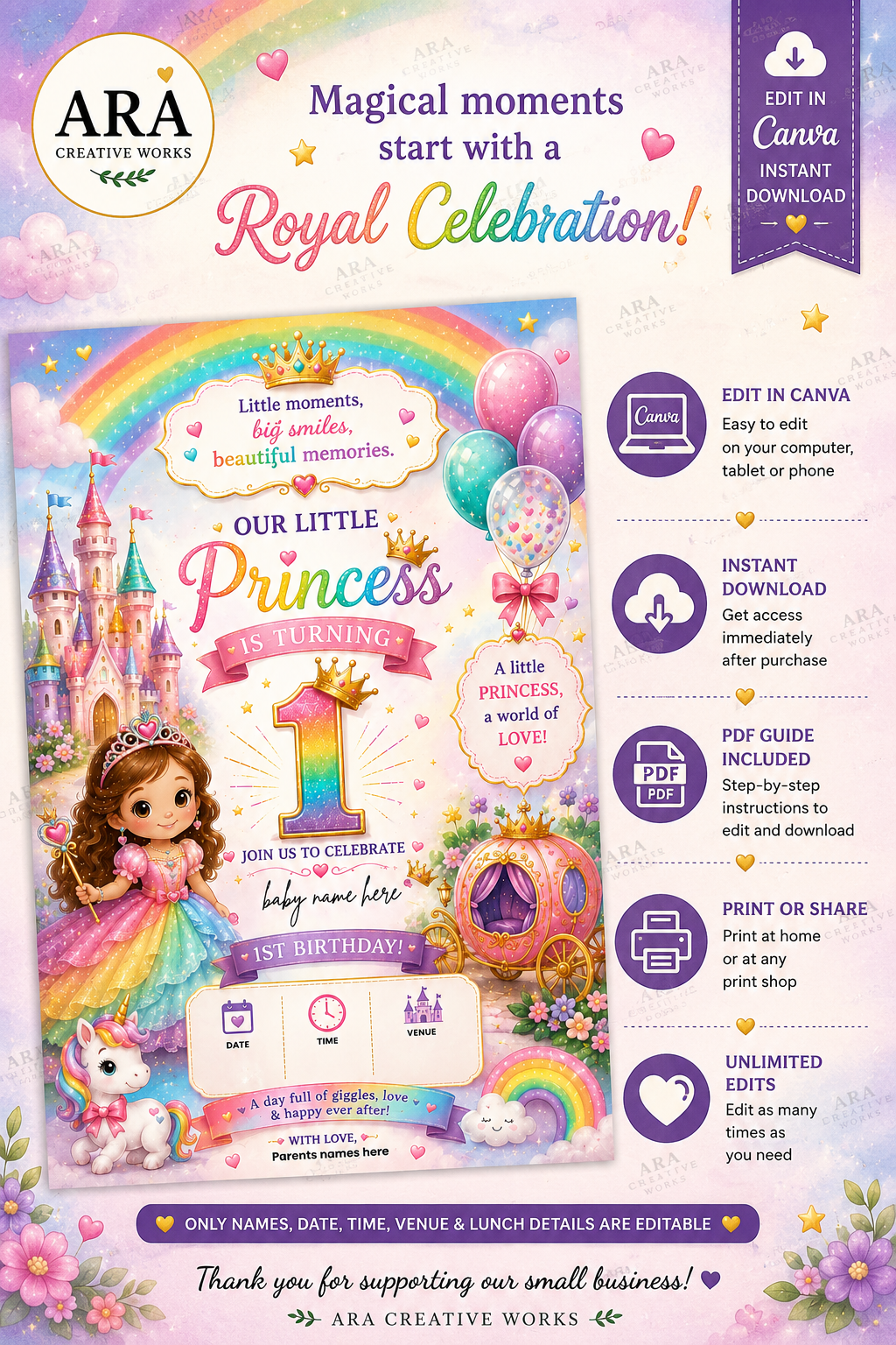 Fairytale Princess 1st Birthday Invitation Template | Editable Canva Invitation | Instant Download