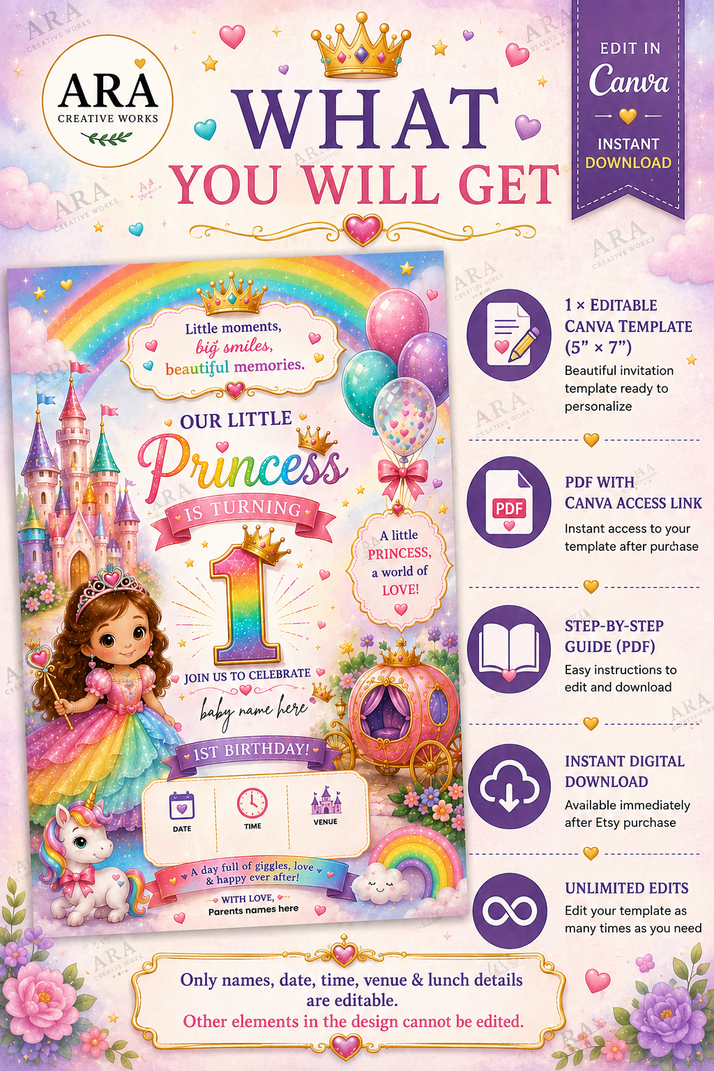 Fairytale Princess 1st Birthday Invitation Template | Editable Canva Invitation | Instant Download
