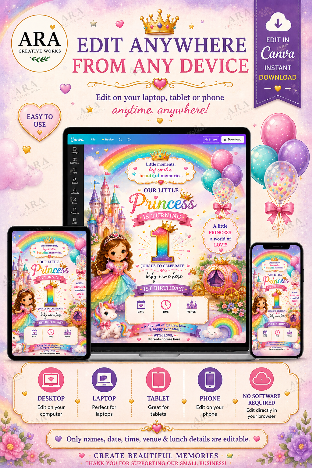 Fairytale Princess 1st Birthday Invitation Template | Editable Canva Invitation | Instant Download