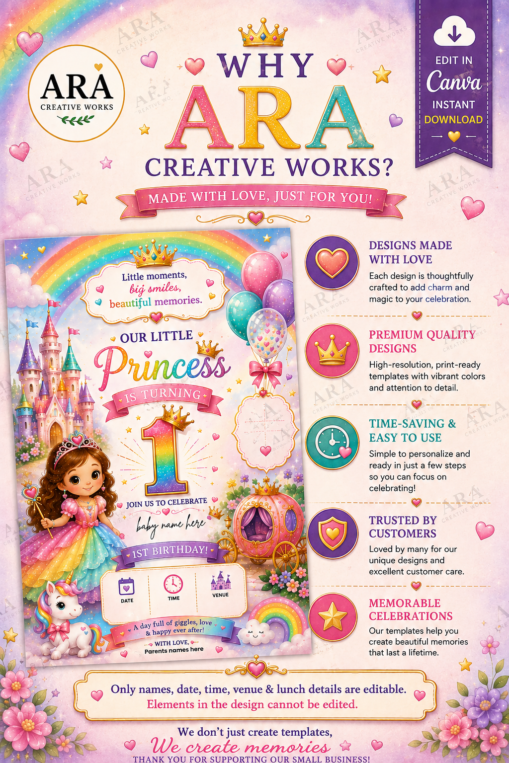 Fairytale Princess 1st Birthday Invitation Template | Editable Canva Invitation | Instant Download