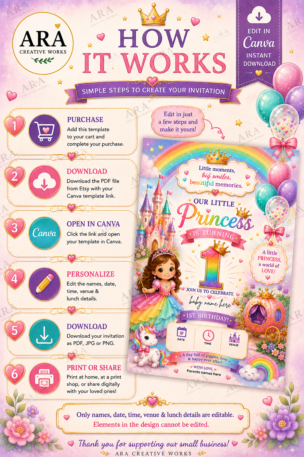 Fairytale Princess 1st Birthday Invitation Template | Editable Canva Invitation | Instant Download