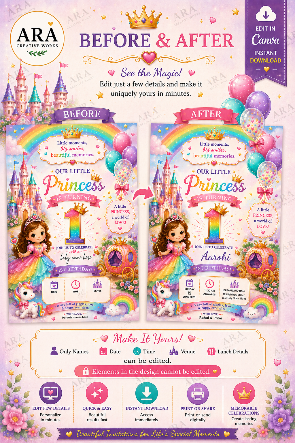 Fairytale Princess 1st Birthday Invitation Template | Editable Canva Invitation | Instant Download