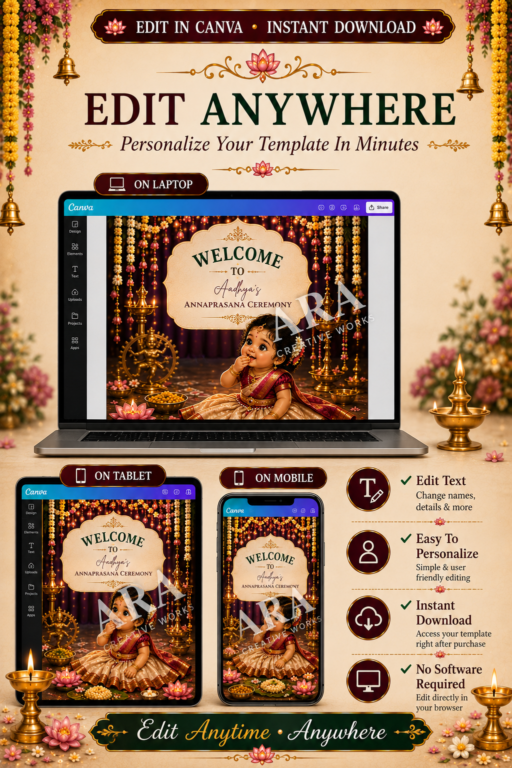 Festive Little Princess Annaprashana Welcome Sign | Editable Canva Template | Baby Girl Rice Ceremony Sign | Indian First Feeding Welcome