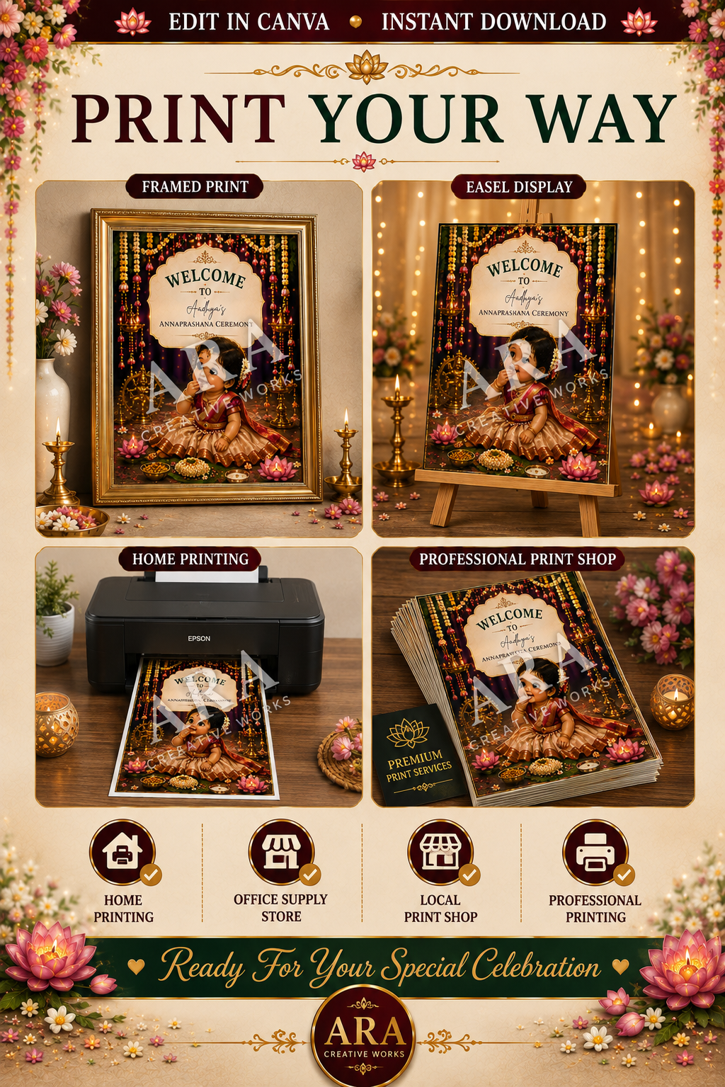 Festive Little Princess Annaprashana Welcome Sign | Editable Canva Template | Baby Girl Rice Ceremony Sign | Indian First Feeding Welcome