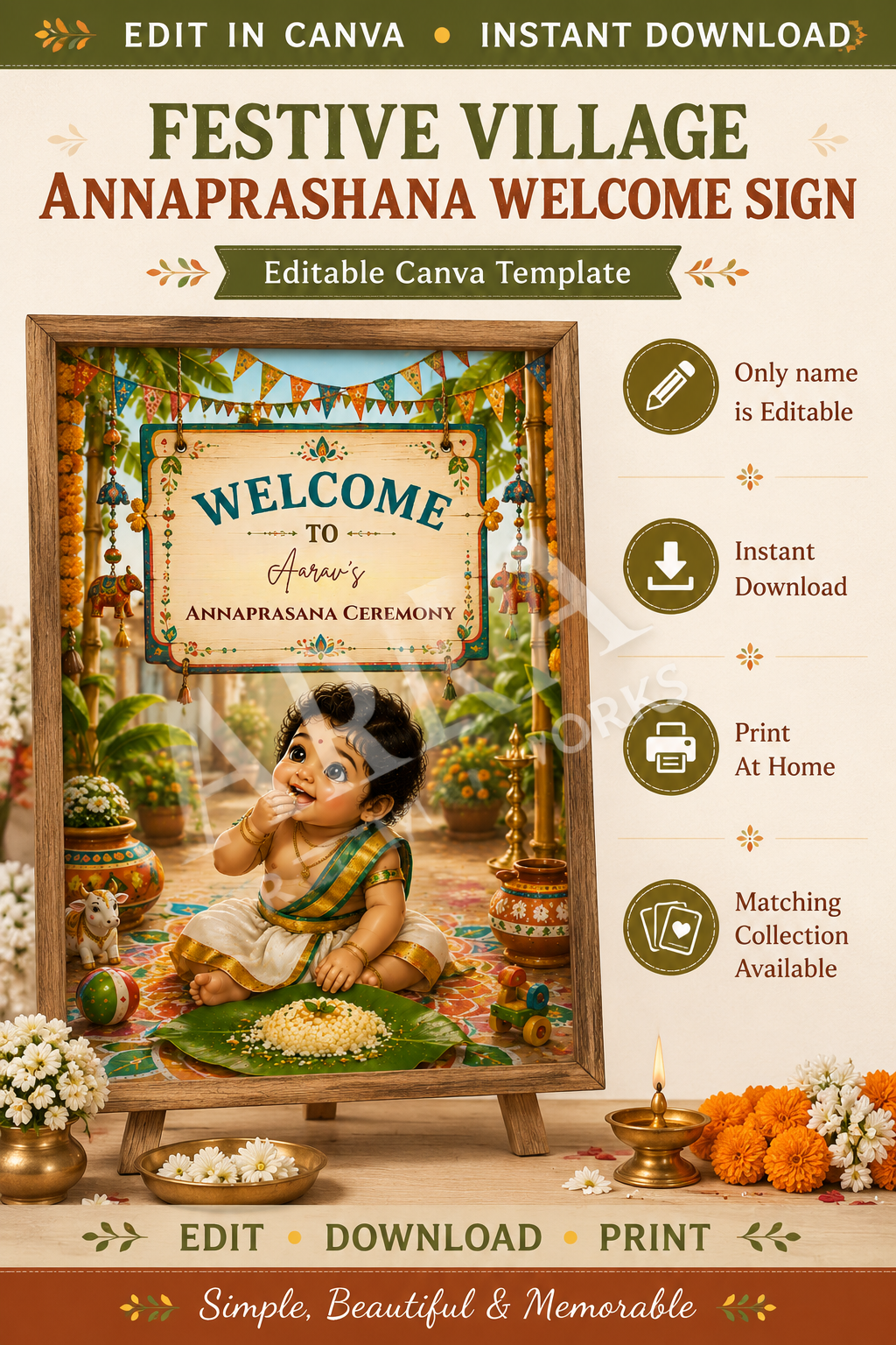 Festive Village Annaprashana Welcome Sign | Editable Canva Template | Baby First Rice Ceremony Sign | Indian Annaprasana Decor