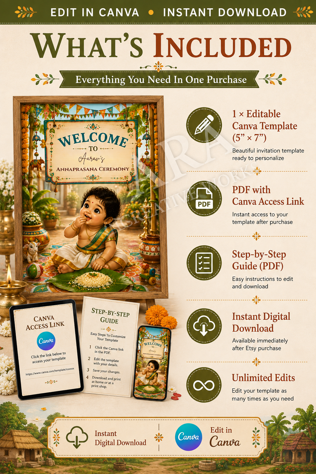 Festive Village Annaprashana Welcome Sign | Editable Canva Template | Baby First Rice Ceremony Sign | Indian Annaprasana Decor