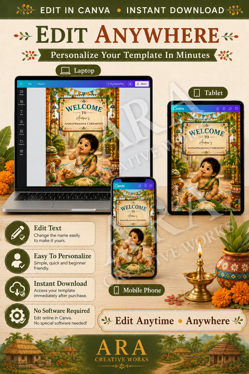 Festive Village Annaprashana Welcome Sign | Editable Canva Template | Baby First Rice Ceremony Sign | Indian Annaprasana Decor