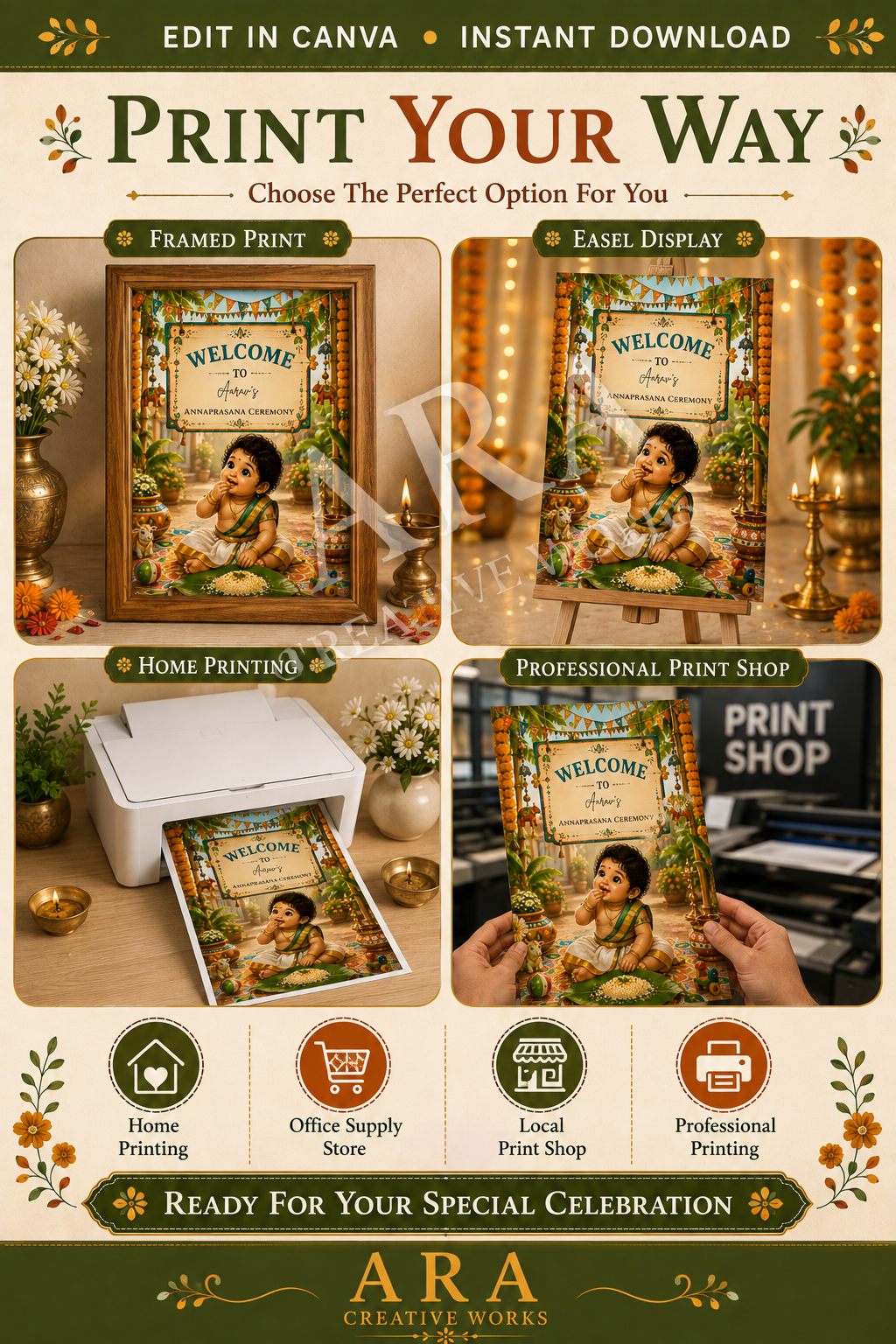 Festive Village Annaprashana Welcome Sign | Editable Canva Template | Baby First Rice Ceremony Sign | Indian Annaprasana Decor