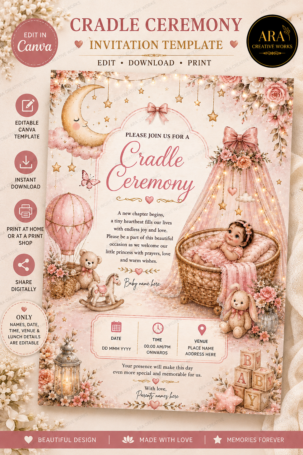 Floral Baby Girl Naming Ceremony Invitation | Editable Canva Template | Digital Download