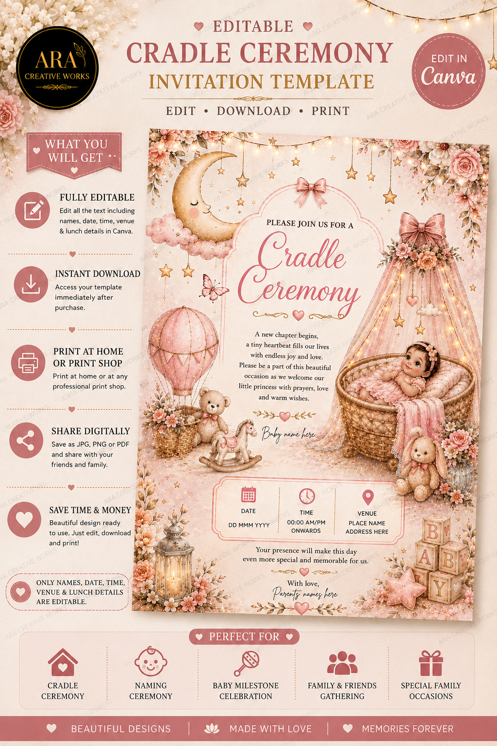 Floral Baby Girl Naming Ceremony Invitation | Editable Canva Template | Digital Download