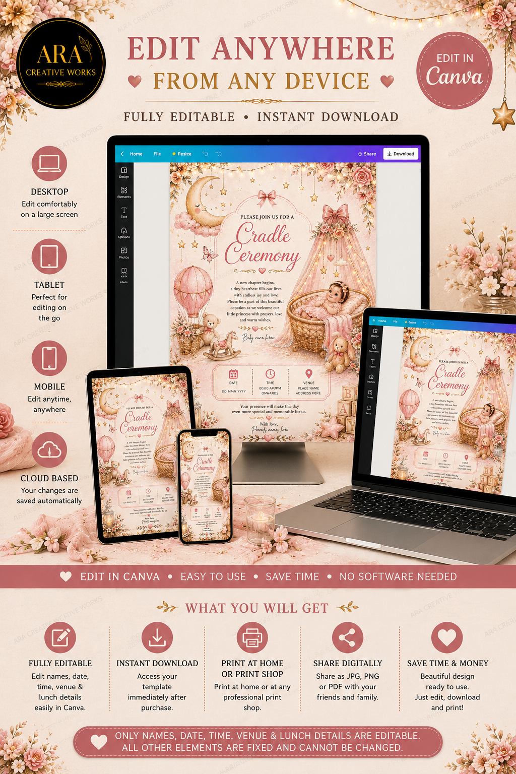 Floral Baby Girl Naming Ceremony Invitation | Editable Canva Template | Digital Download