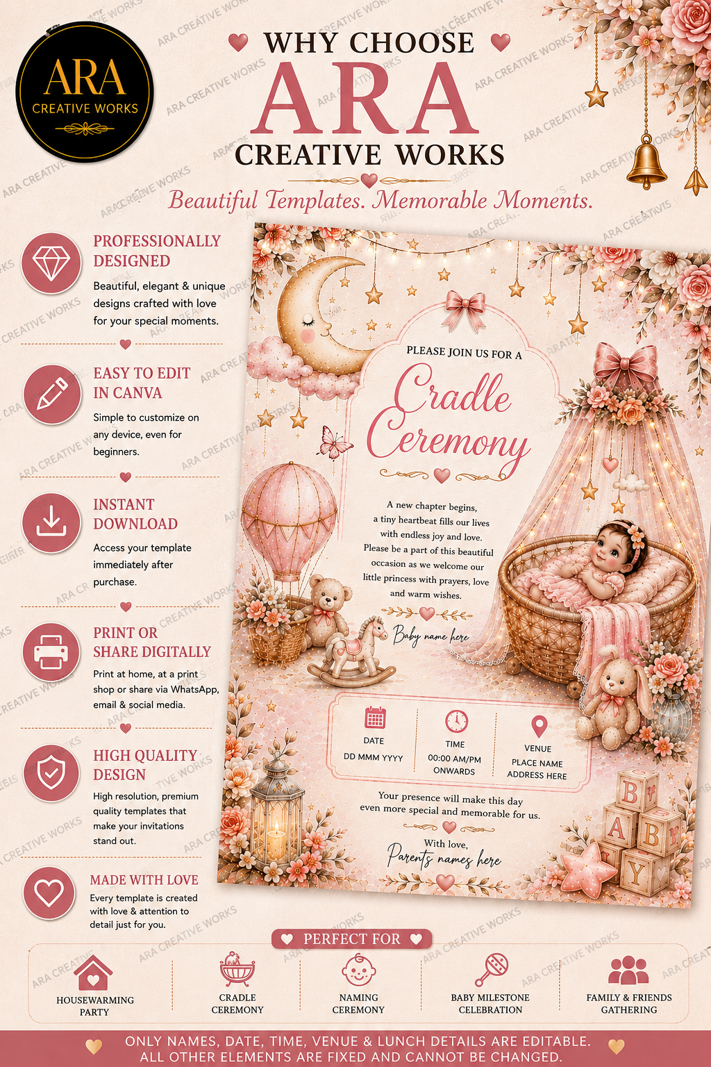 Floral Baby Girl Naming Ceremony Invitation | Editable Canva Template | Digital Download