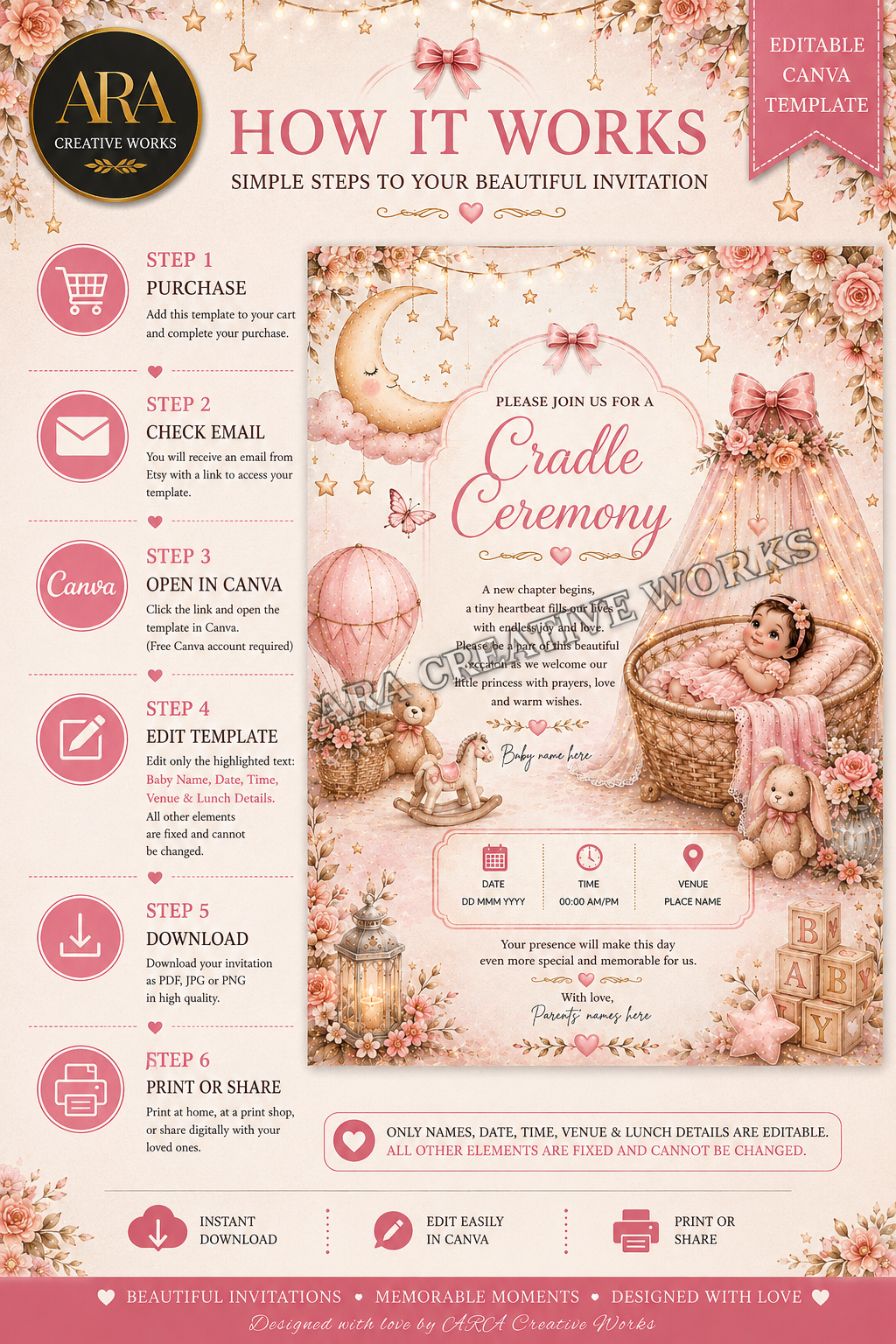 Floral Baby Girl Naming Ceremony Invitation | Editable Canva Template | Digital Download