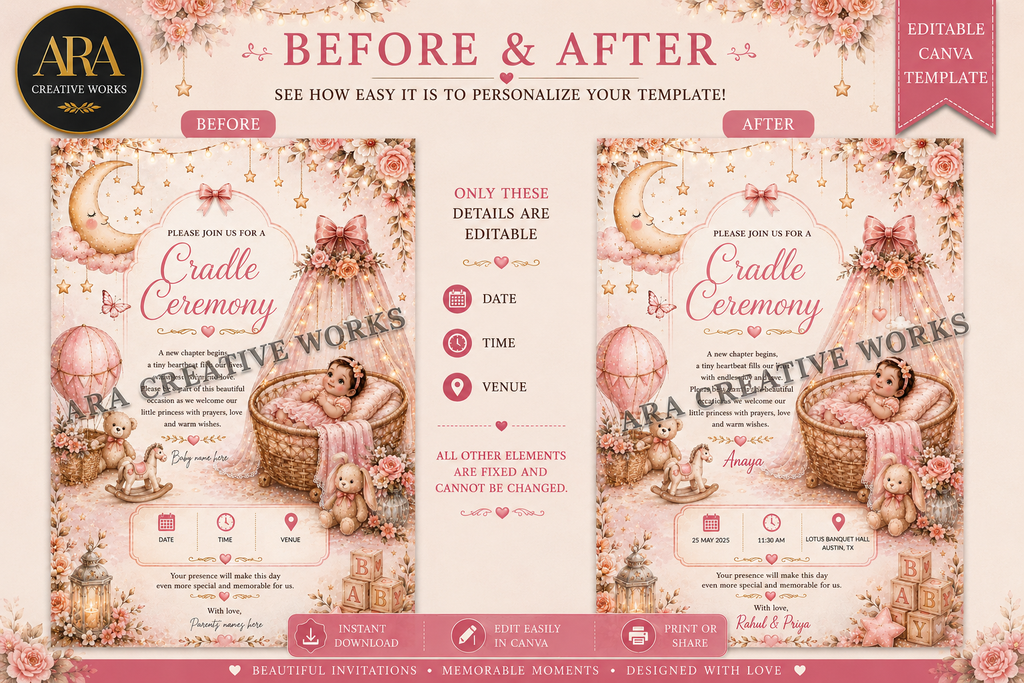 Floral Baby Girl Naming Ceremony Invitation | Editable Canva Template | Digital Download