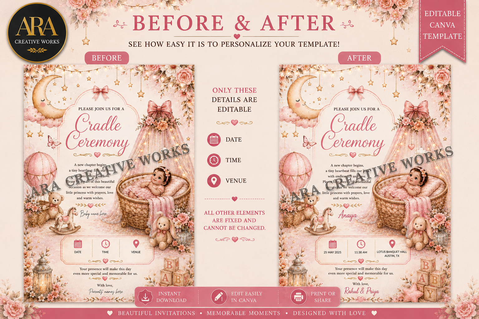 Floral Baby Girl Naming Ceremony Invitation | Editable Canva Template | Digital Download