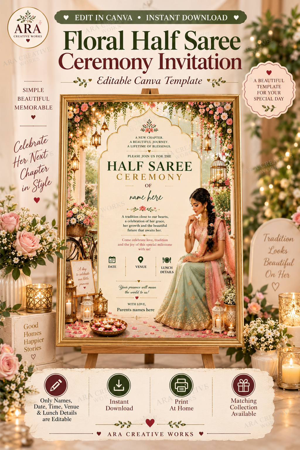 Floral Half Saree Ceremony Invitation | Editable Canva Template | Langa Voni Invitation | South Indian Ceremony Invite | Digital Download